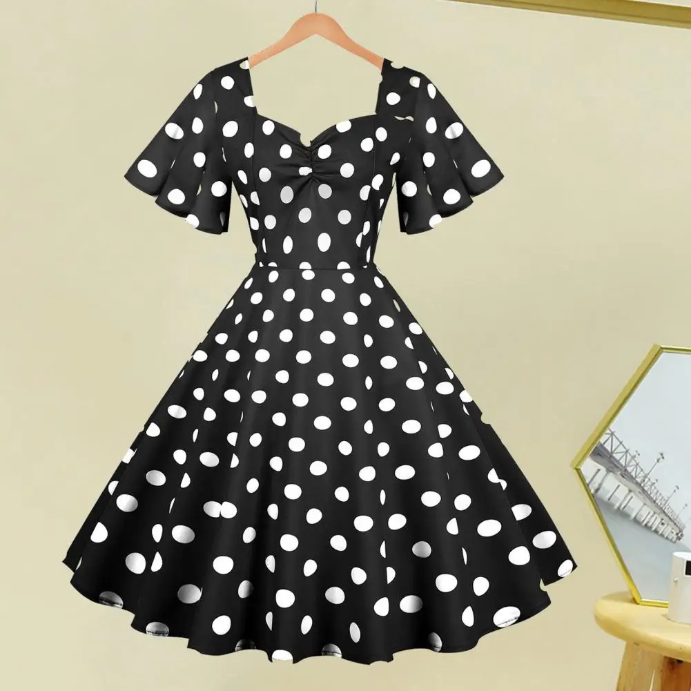 

Tight Waist Midi Dress Elegant Vintage A-line Evening Dress with Polka Dot Print V Neckline Ruffle Sleeves for Parties Proms