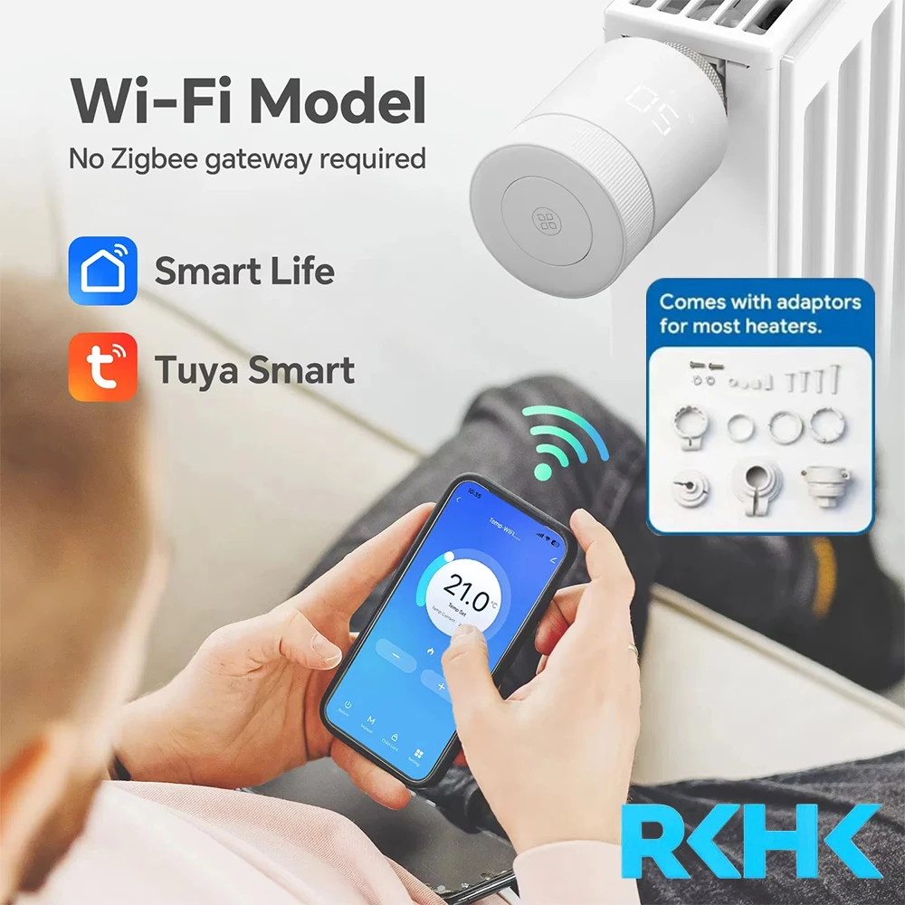 RKHK Tuya WiFi Inteligentny Termostat, Termostatyczny Zawór Grzejnikowy TRV, Regulator Temperatury Kompatybilny z Alexa, Google Home i Alice