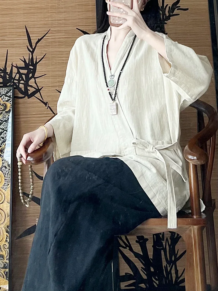 Retro High-End Zen Style Women's Cotton Linen Shirt New Chinese Style Cotton Linen Set Belted Open Cardigan Outerwear Zen Clo...