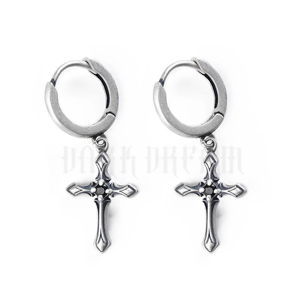 

Real 925 Sterling Silver Cross Drop Earrings Creativity Design Black Crystal Earrings Gothic Style For Girls Boys Punk Jewelry