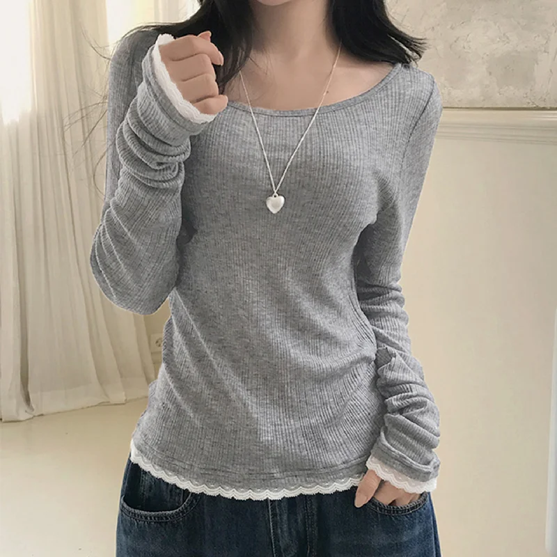 

Women's Lace Long Sleeved Round Neck Knitted Sweater, Women's Autumn Slim Fit Base T Shirt