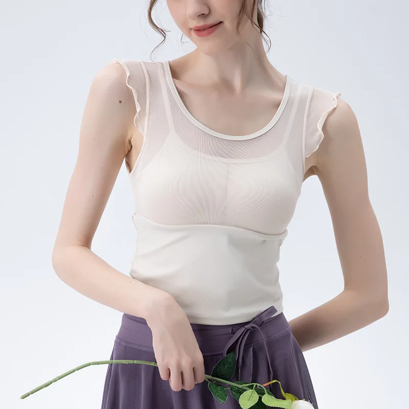 

New Mesh Fake Two Pieces Summer Yoga Sleeveless Tops Quick-dry Breathable Elastic With Chest Pad Tank Tops Pilates Fitness Vest