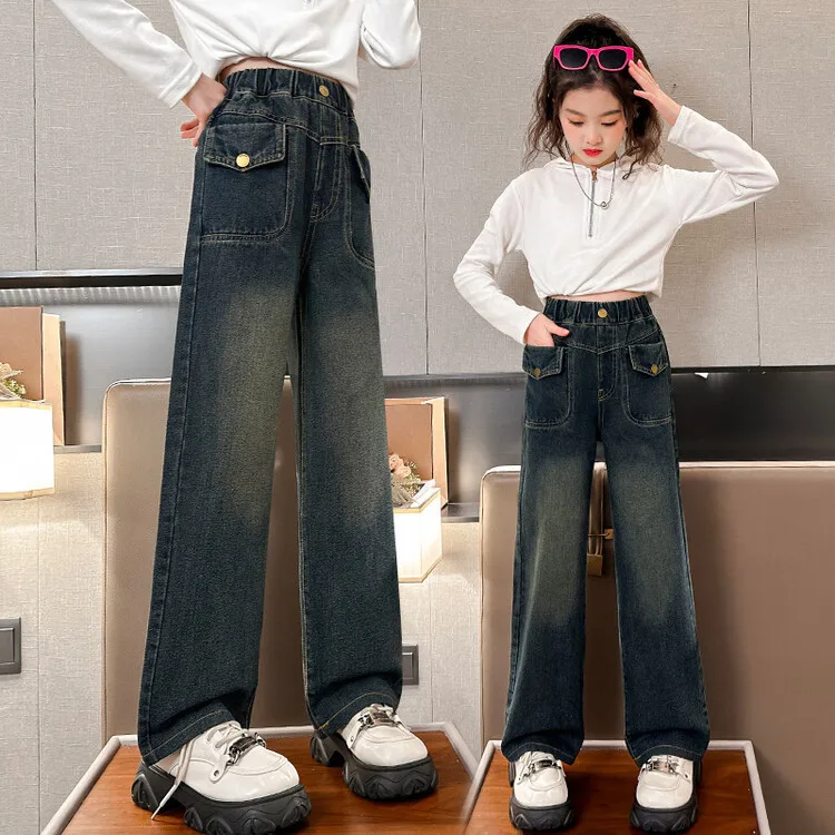

Girls Wide Leg Jeans Loose Fit Straight Cut Spring Autumn Wear Children's Casual Denim Trousers