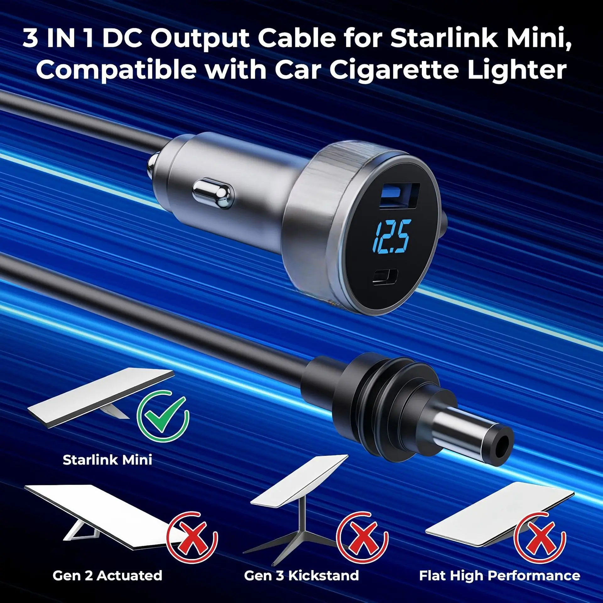 For Starlink Charger Mini Dual USB Car Charger 12V-24V Vehicles 2M/300CM DC Cable Digital Voltmeter Waterproof Extension Cable