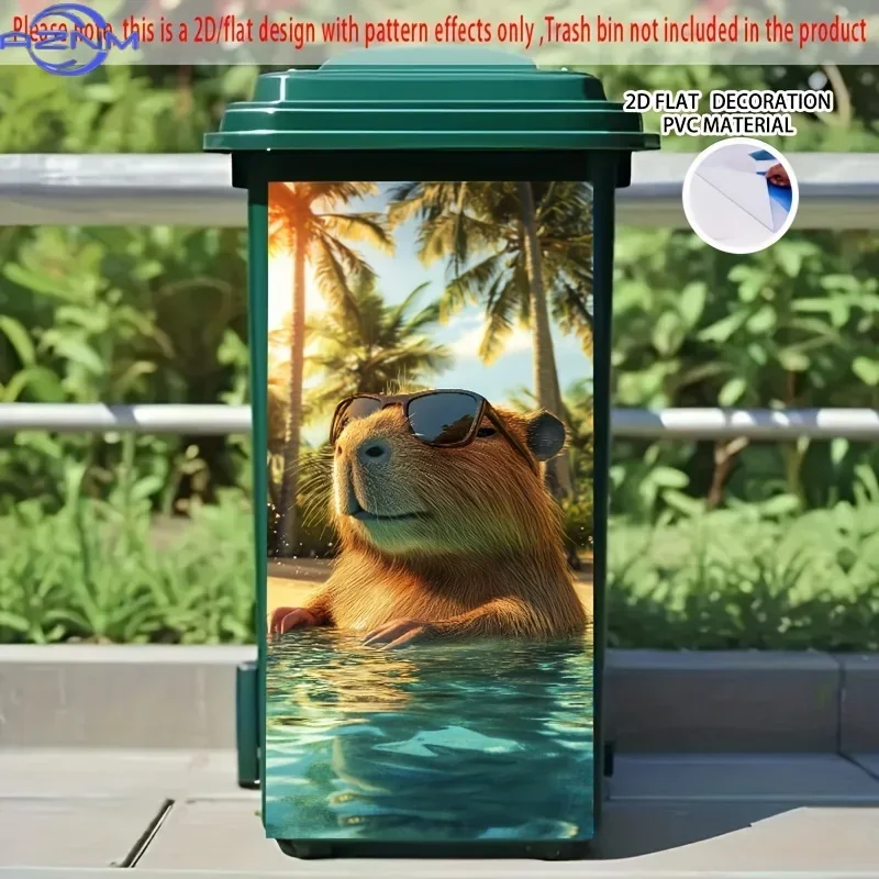 2D Stylish And Cool Sunglasses - Capybara Wearing Swim Cap - Self-Adhesive Dustbin Stickers, Size 14.57 X 32.28 Inches. Dustbi