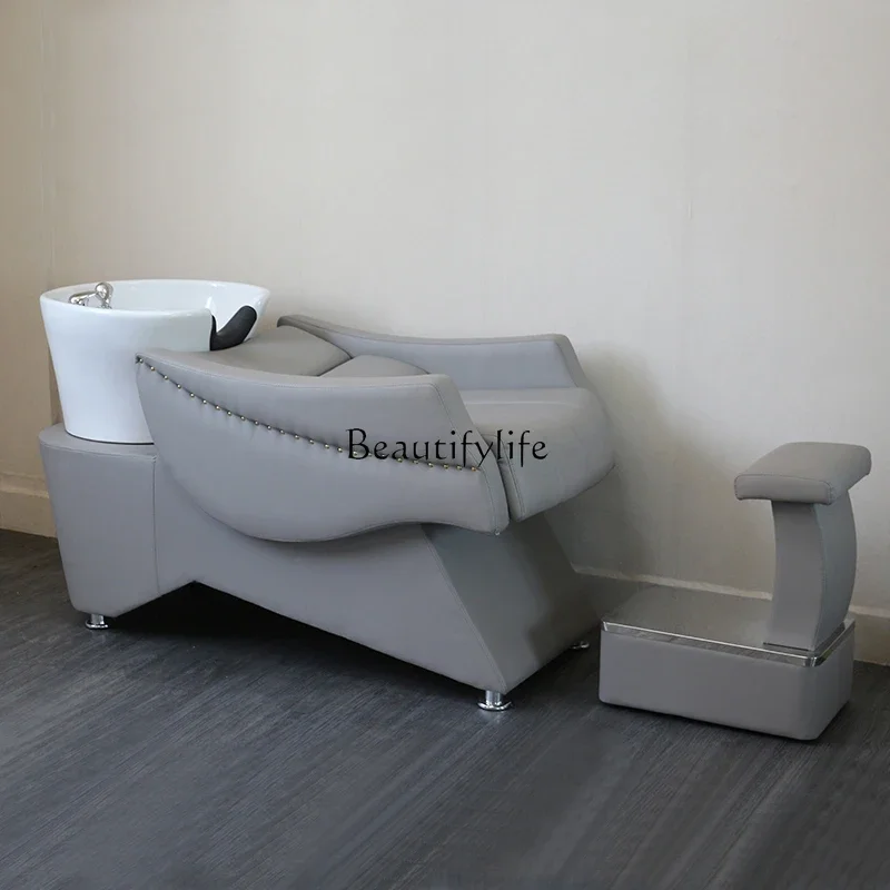 High-End Hair Salon Shampoo Chair Lying Half Flushing Bed Stainless Steel Ceramic Basin