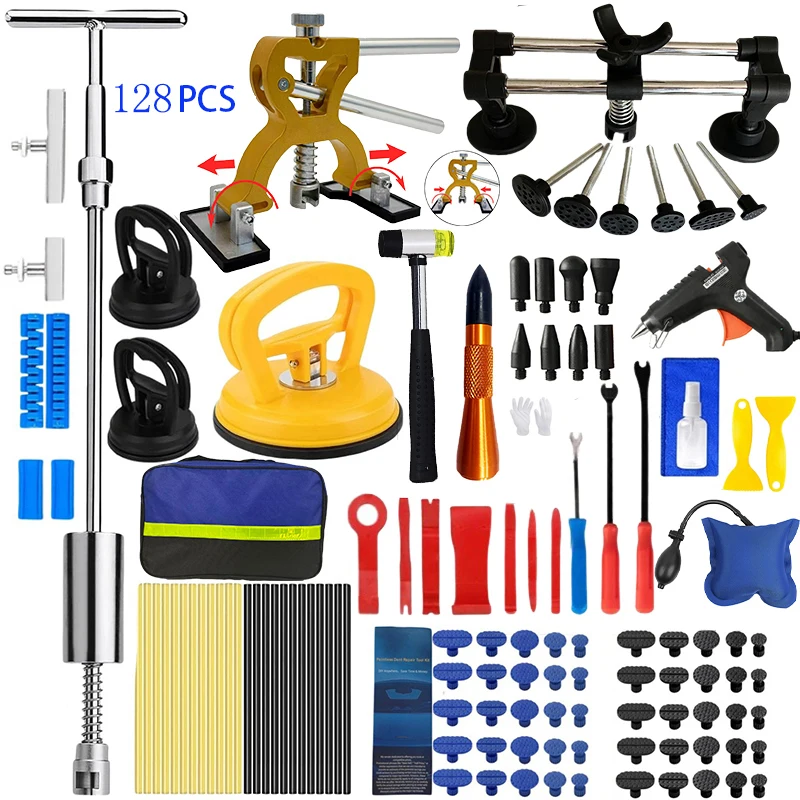 

2-в-1 T-образный набор инструментов для бескрасочного ремонта вмятин автомобиля, Регулируемый подъемник вмятин & Молоток-вытягиватель мостового типа, Профессиональный набор для удаления вмятин с кузова