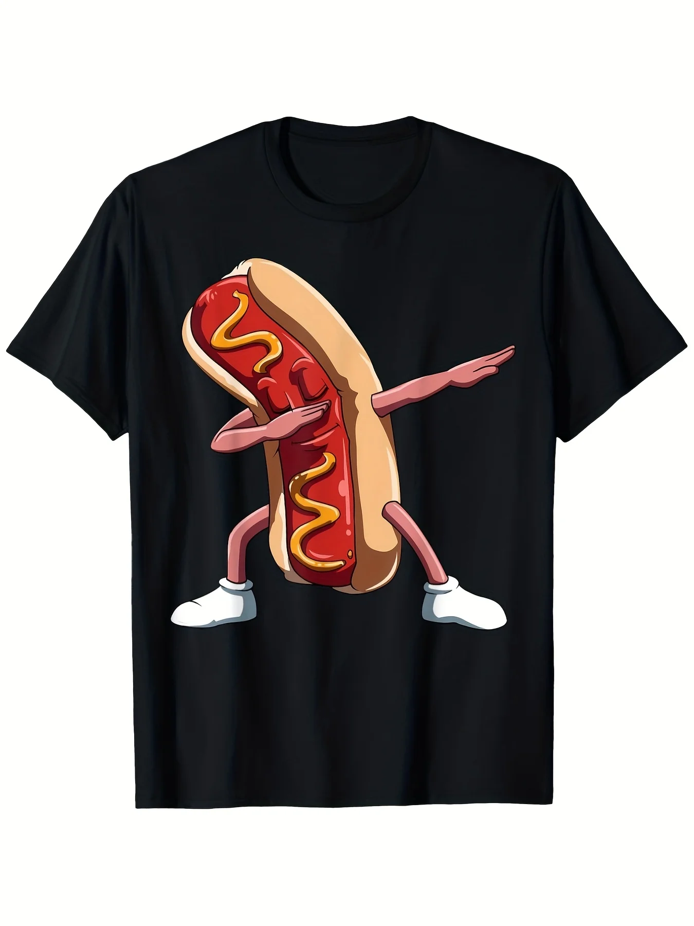 Hot Dog Pattern Printed T-Shirt, Loose Fit Design, Casual Clothing Gift with National Day Theme (Size Black), Fun, Stylish, Durable Stitching, Creative and Novel Top, Parent-Child S Size, Men's Printed Retro Casual Short-Sleeve T-Shirt, Round Neck Print