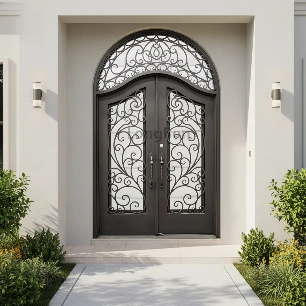 French artisan style single wrought iron glass front door for the entrance and interior decoration of apartments and villas
