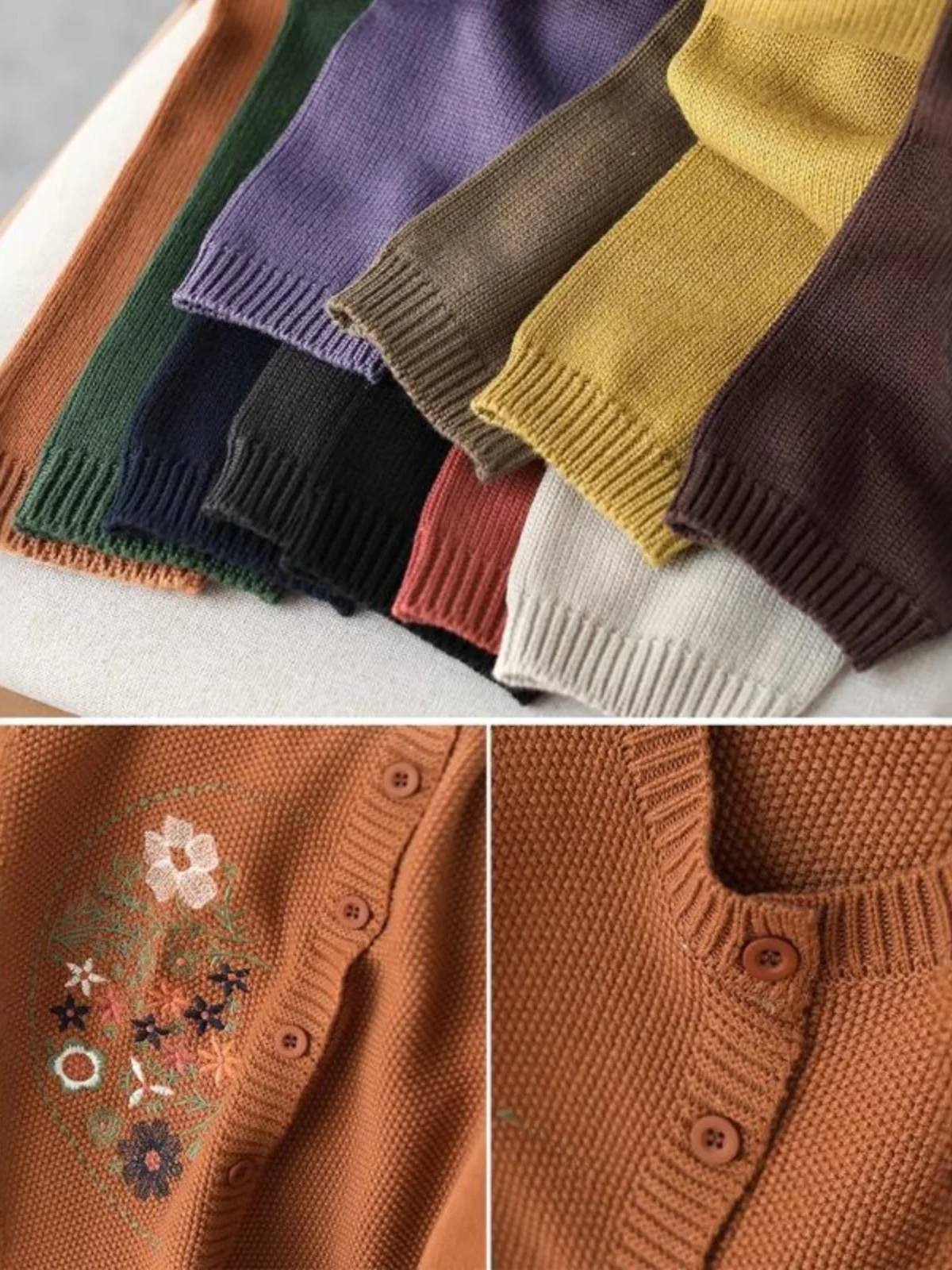 ショートニットカーディガン レディース 綿糸刺繍 ラウンドネック 長袖セータージャケット トレンディ 通勤スタイル アーティスティック ルーズフィット