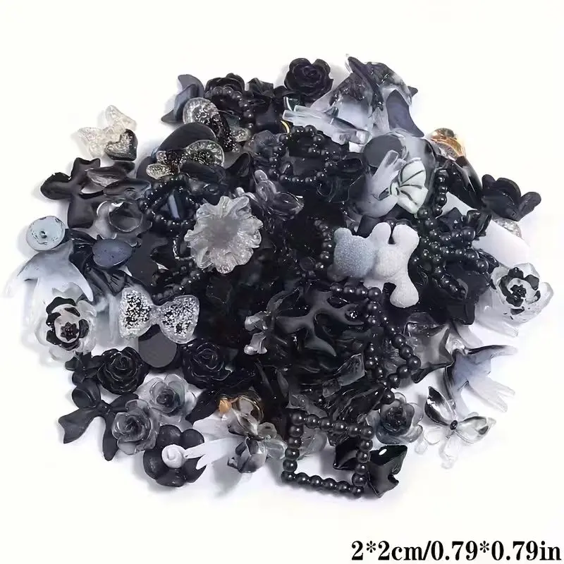 50g Black White Mixed Nail Charms - Gothic 3D Rose/Bow/Heart Resin Decorations, Flatback Charms for Manicure DIY
