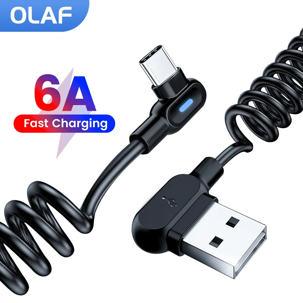 Olaf 6A USB Type C Data Cable 90 Degree USB C Spring Pull Telescopic Fast Charging Cable For Sumsung Xiaomi POCO Huawei Honor