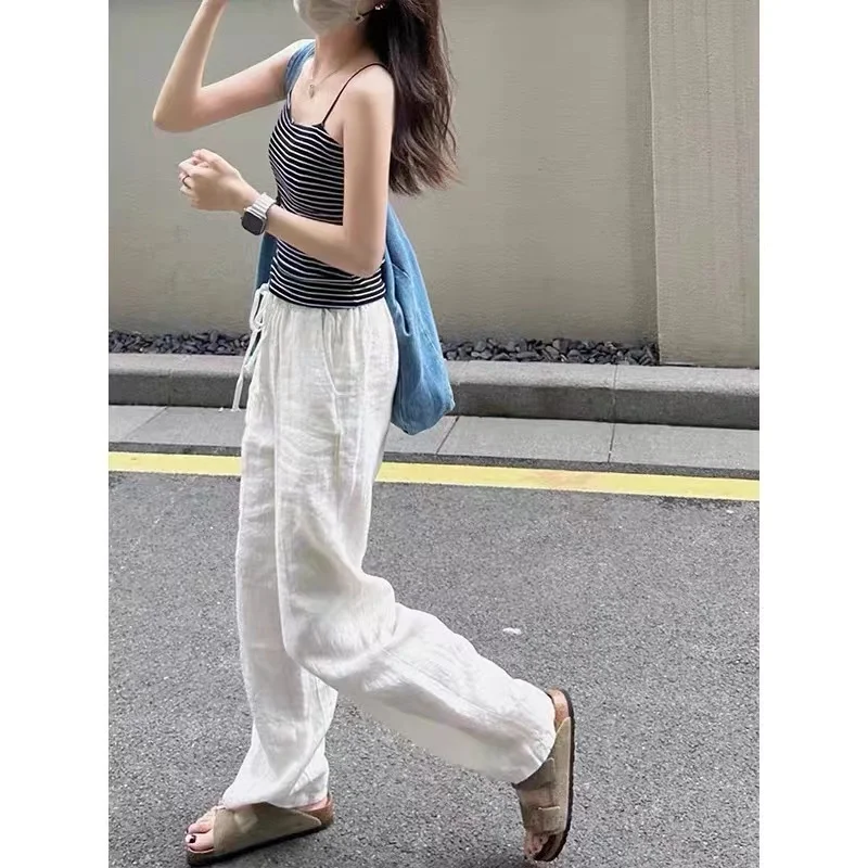 Casual Wide Leg Pants Women Summer Thin Loose High Waist Linen Straight Leg Pants Small Size Floor Length Pants