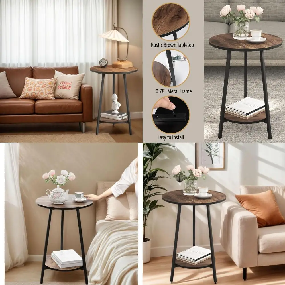 

Винтажный круглый столик цвета дерева с водонепроницаемой металлической рамой для дивана, гостиной, спальни и небольших помещений - простая сборка.