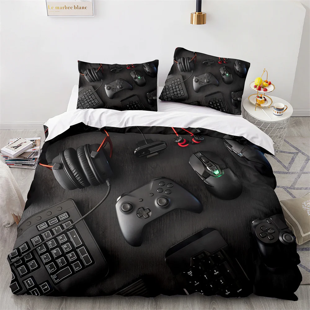 Game King Queen Duvet Cover 3D Black Game Handle Bedding Set for Kids Teens Boys Man Gamer Bedroom Decor Quilt Cover Pillowcase