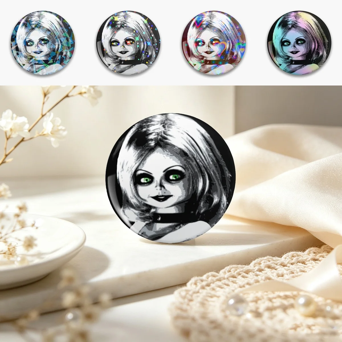 Bride of Chucky Pin Holographic Star Heart Pin Brooches Laminated Button Fashion Accessory
