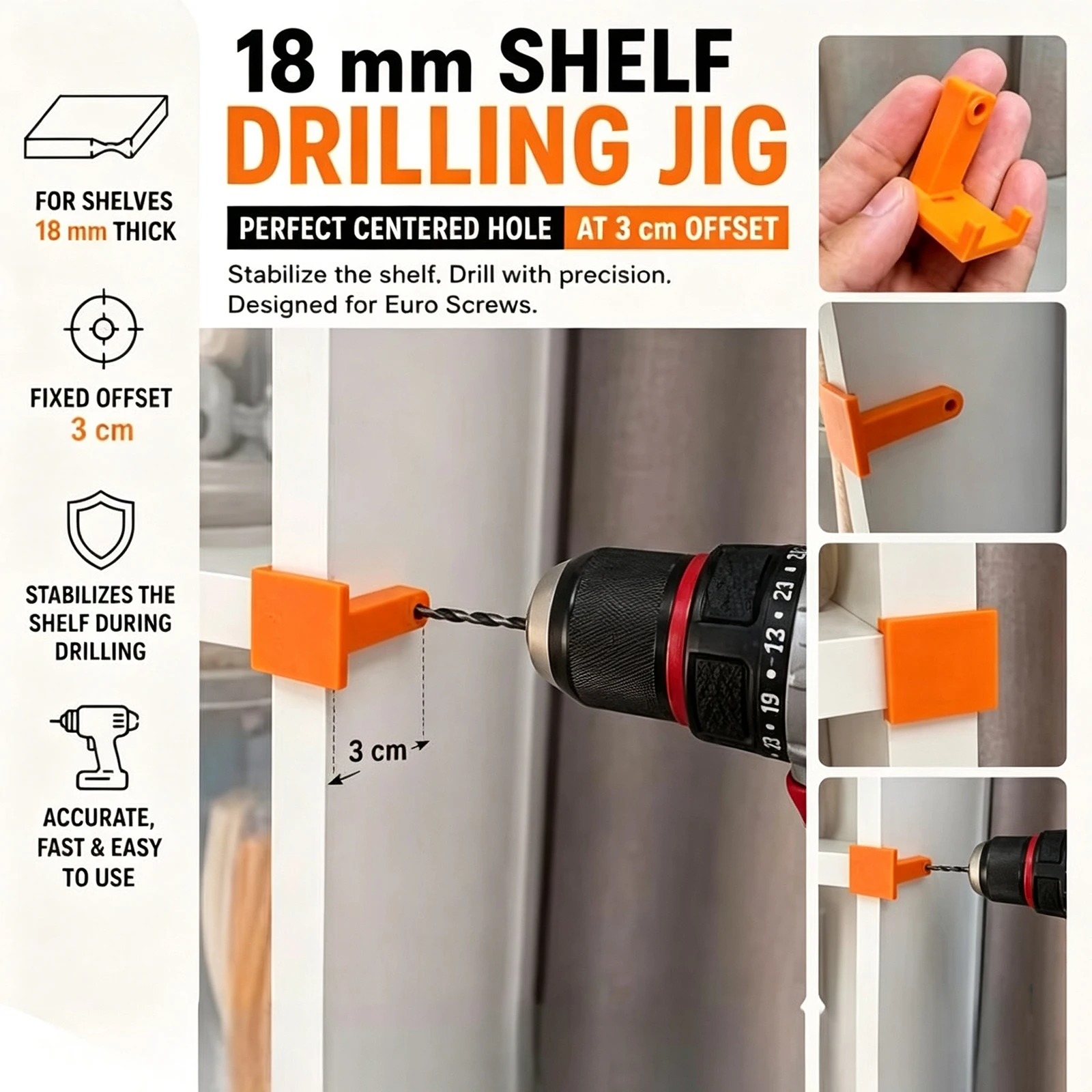 18mm Shelf Drilling Jig Locator Bracket Woodworking Hole Positioning Guide Tool For Board Mount Hole Drilling Work-2Pcs