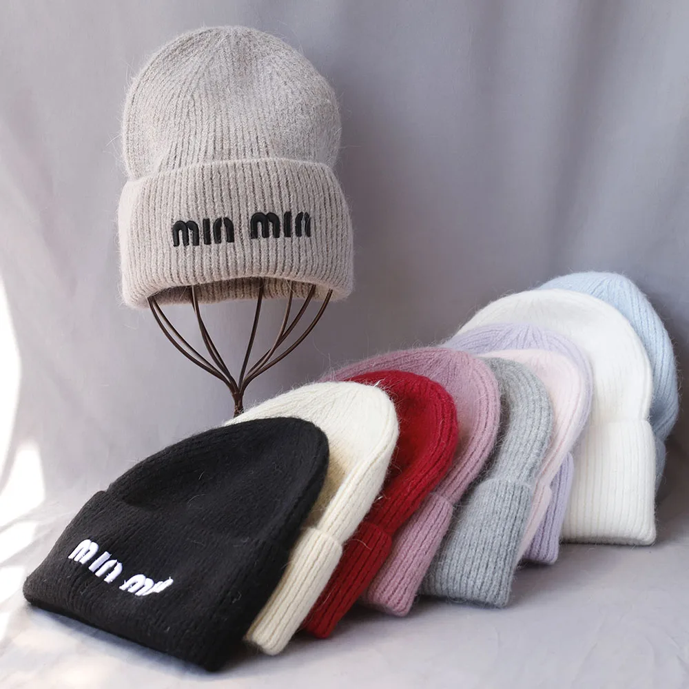 

2025 hot Selling Winter Hat Real Rabbit Fur with letter Hats For Women Fashion Warm Beanie Hats Women Solid Adult Cover Head Cap