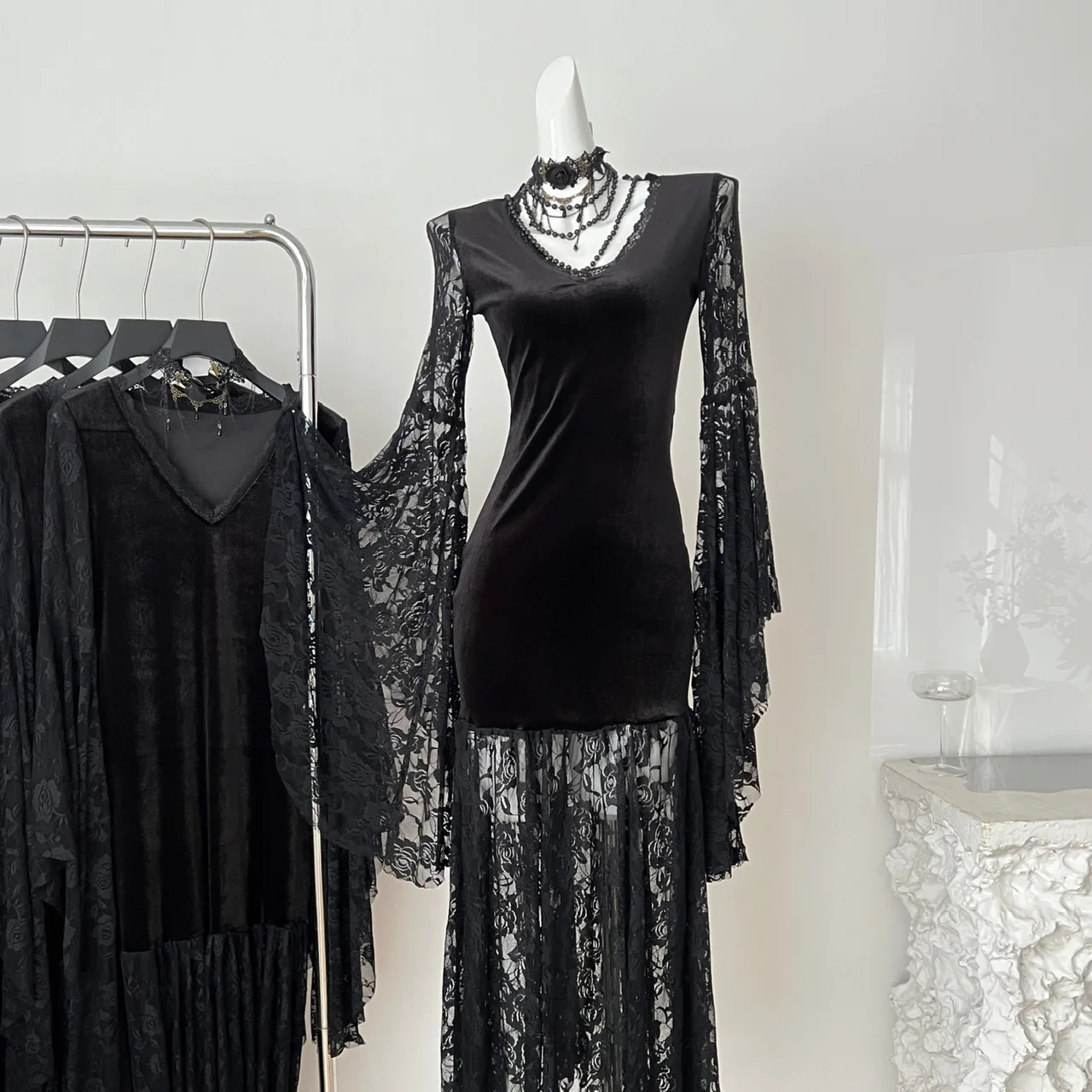 Gothic Sle Long Dr Bla Lace Hebe Sle Halloween-kostuum k Romantiek Dames lange rok Polyestervezel A-lijn