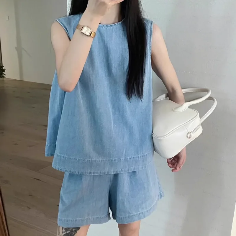 

Sleeveless Denim Tank Top Short Sets for Women 2 Pieces New Coordinated Classic Two-piece Cheap Offers Loose Casual Woman Shorts