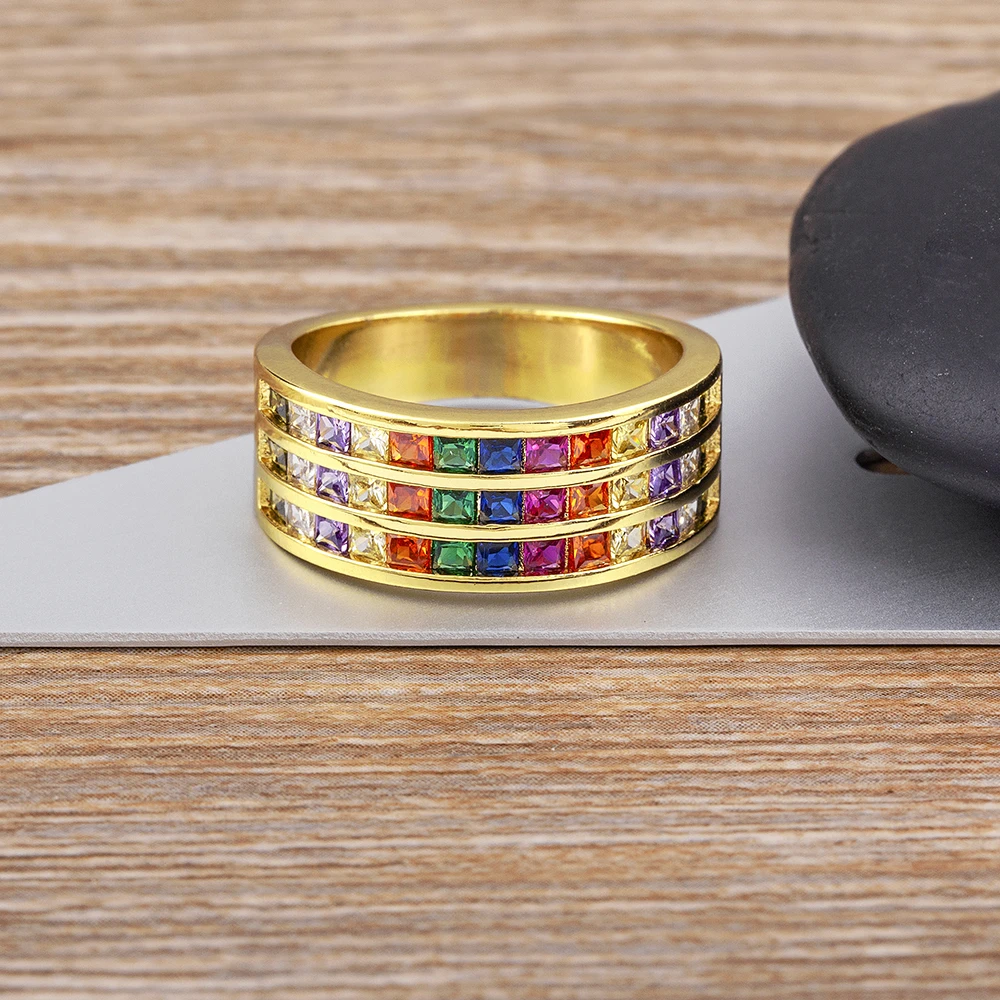 Nidin Luxury Geometry Three Layer Rainbow Shiny Rhinestone Cubic Zirconia Ring Women Retro Jewelry Creative Engagement Gift