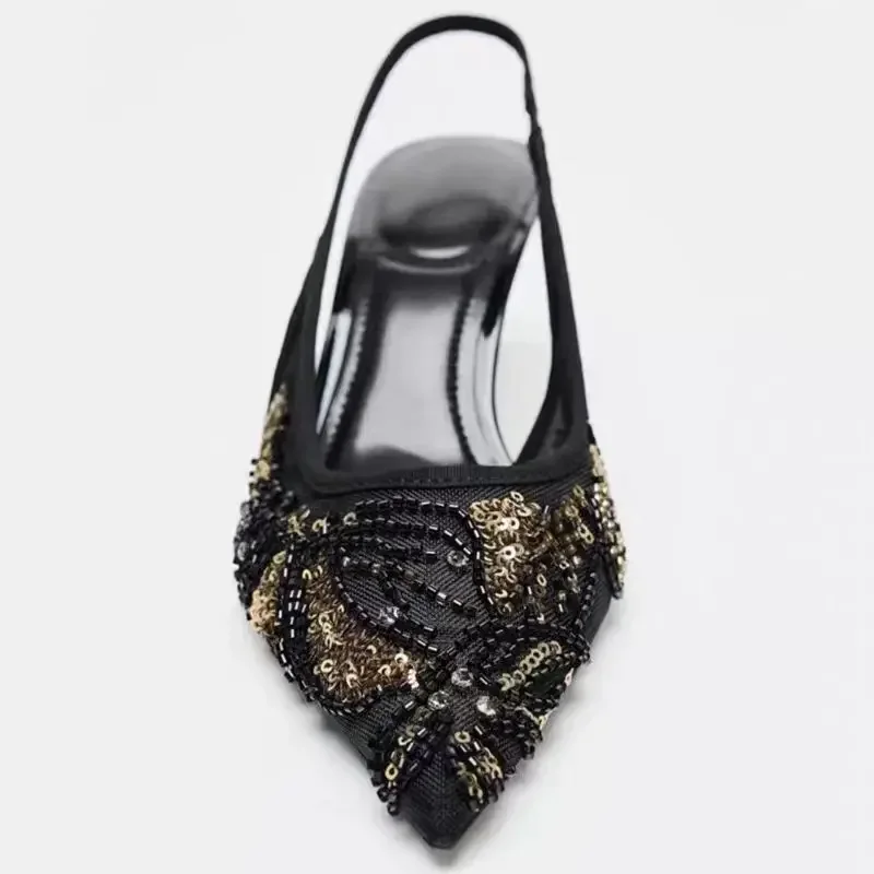 Fashion Mesh String Bead Embellished Design Heels Women Elegant Pointed Toe Back Strap Slide Sandals Black Party Dress Shoes