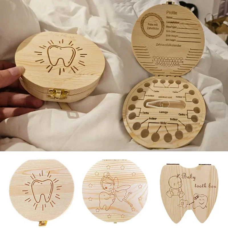 Baby Tooth Box Wooden Kids Tooth Storage Tooth Fairy Box Organizer Milk Teeth Wood Keepsake Collecting Teeth Umbilical Cord Box