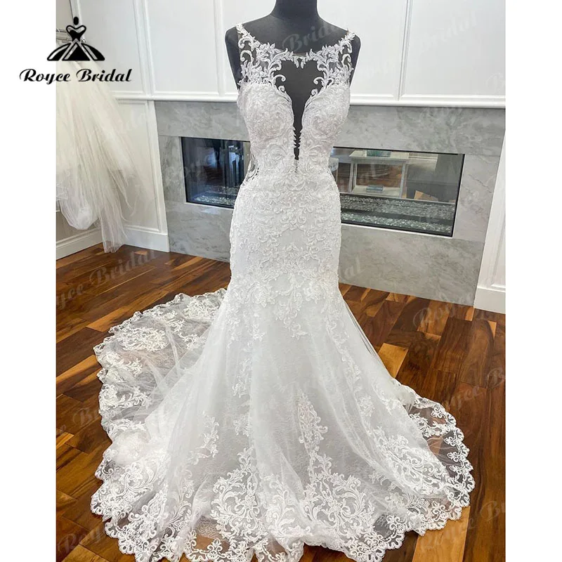 Elegancka koronka aplikacje syrenka/trąbka tiul O-Neck suknia ślubna bez pleców suknie ślubne dla panny młodej vestido de casamento princesa