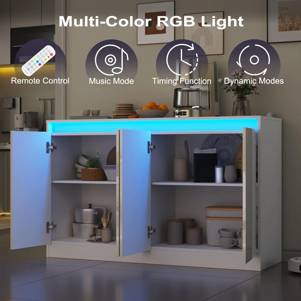 خزانة بوفيه مقاس 51 بوصة مع 4 أبواب، وخزانة قهوة جانبية عالية اللمعان مع أضواء LED، وكابينة تخزين جانبية حديثة بدون يد