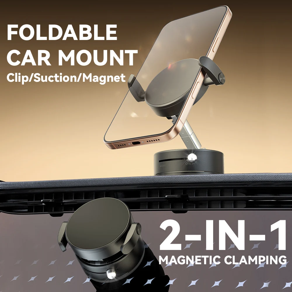 

2-in-1 Foldable Magnetic Car Phone Mount Holder, 360° Rotation & Super Suction Cup, Universal Clip for iPhone Android Mobile