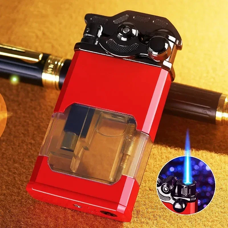 Metal Rocker Arm Luminous Butane Gas Torch Lighter Transparent Gas Window Windproof Jet Blue Flame Cigar Lighters Smoking Gadget view 3