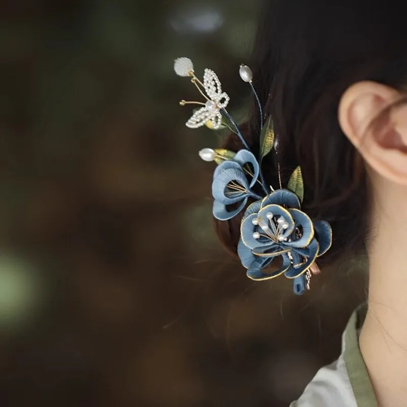 Handmade flower-wrapped new Chinese national style hairpin, antique Hanfu side headdress, classical dance hair accessories, blue