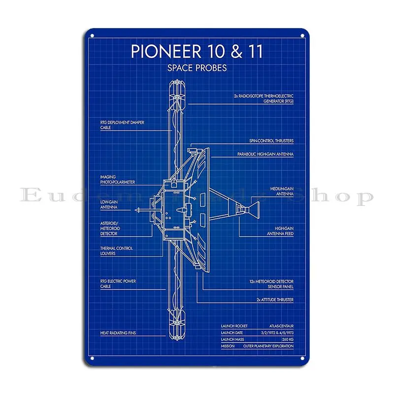 Pioneer10 And 11 Space Probes Blueprint Metal Signs Kitchen Custom Club Bar Plaques Tin Sign Poster