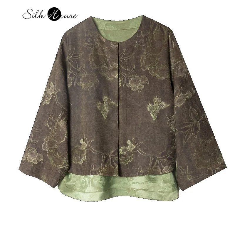 

100% Natural Mulberry Silk New Top 2025 Early Autumn Chinese Style Versatile Round Neck Comfortable Fragrant Cloud Yarn Coat
