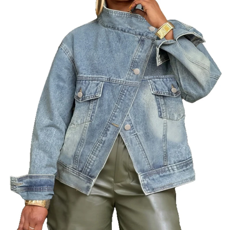 

Coat Women Denim Coats Stand Collar Short Jackets Vintage Y2k Streetwear Work Casual Loose Elegant Splice Jacket 2026 Spring
