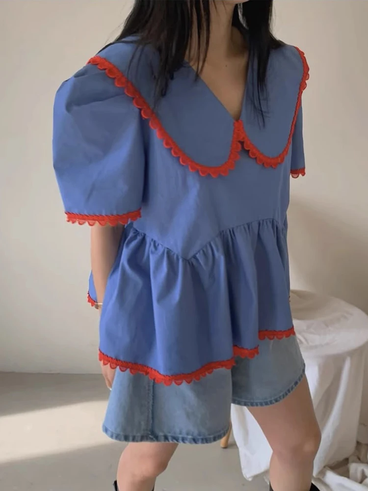 Słodki Letni Nowy Elegancki Top z Kołnierzykiem typu Doll, Luźny Krój Bubble, Akcenty Damskie, Bawełniany Top z Krótkim Rękawem