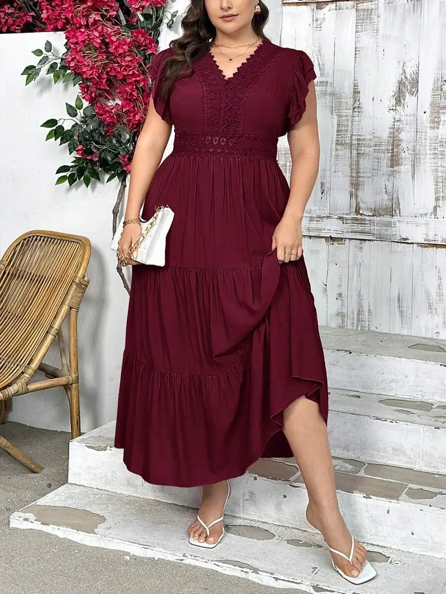 

Elegant Lace Patchwork V-Neck Loose A-Line Midi Dress Short Sleeve