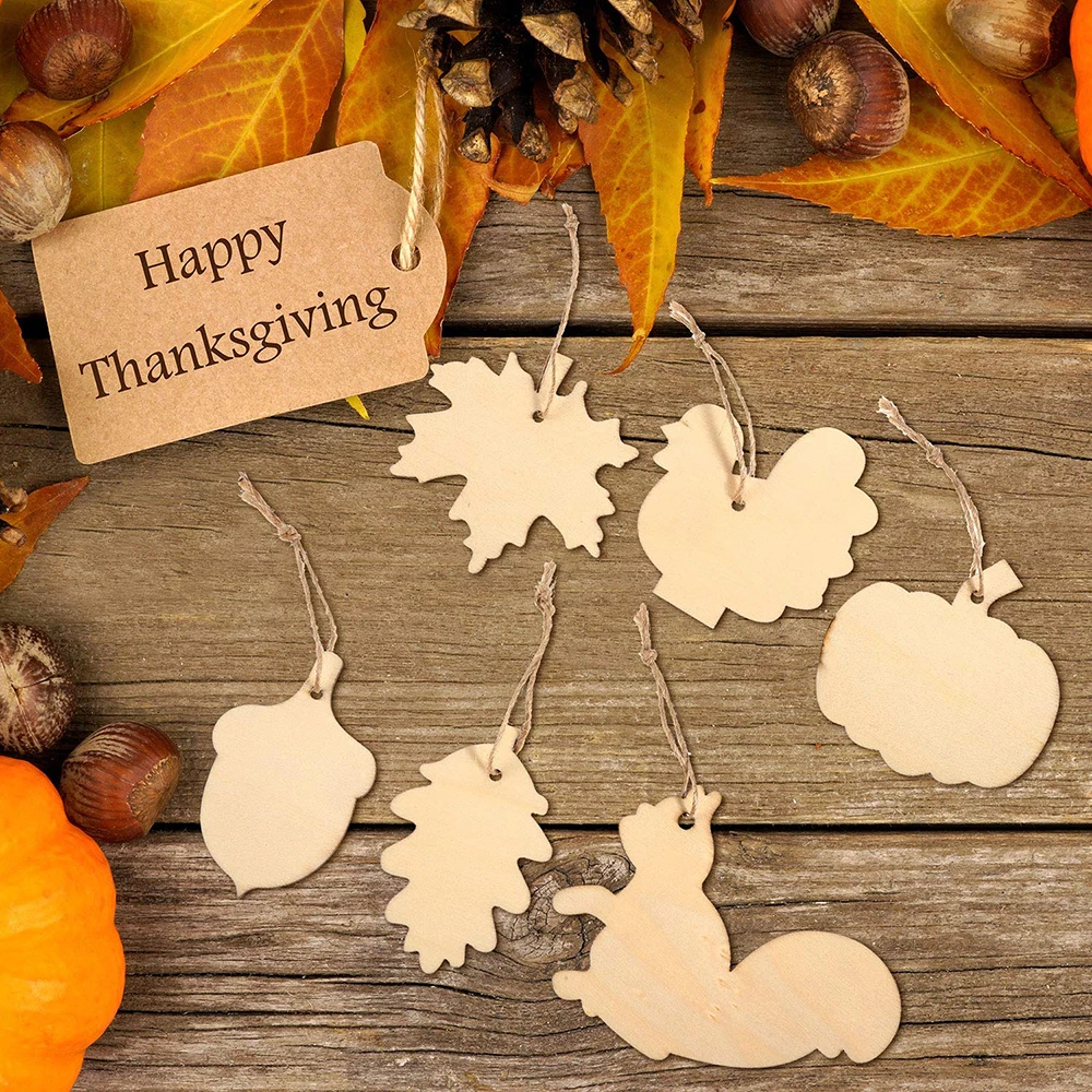 30 teile/satz Unvollendete Holz Ahorn Blätter Kürbis Eichhörnchen Ausschnitte Leere Holz Ornamente Thanksgiving Liefert für DIY Hängen – Detail 3