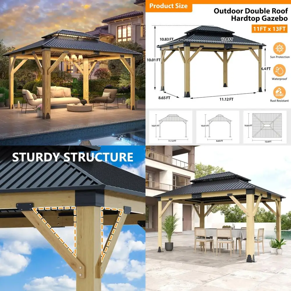 

11x13ft wood gazebo, outdoor wooden gazebo with galvanized steel double roof, hardtop gazebos for garden, patio, deck, backyard