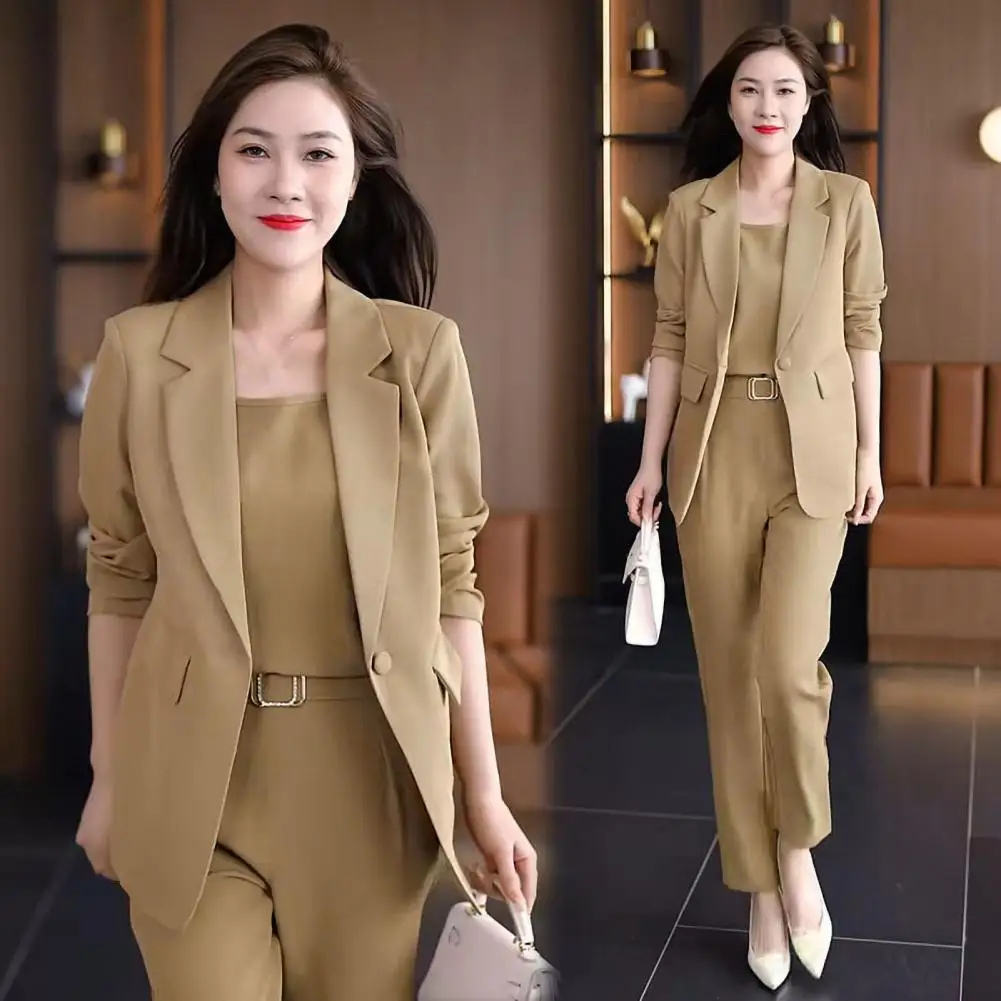 Women Ankle Length Pants Set Elegant Women\'s Business Suit Set with Vest Coat Pants Lapel Cardigan High Waist Pockets for Ol