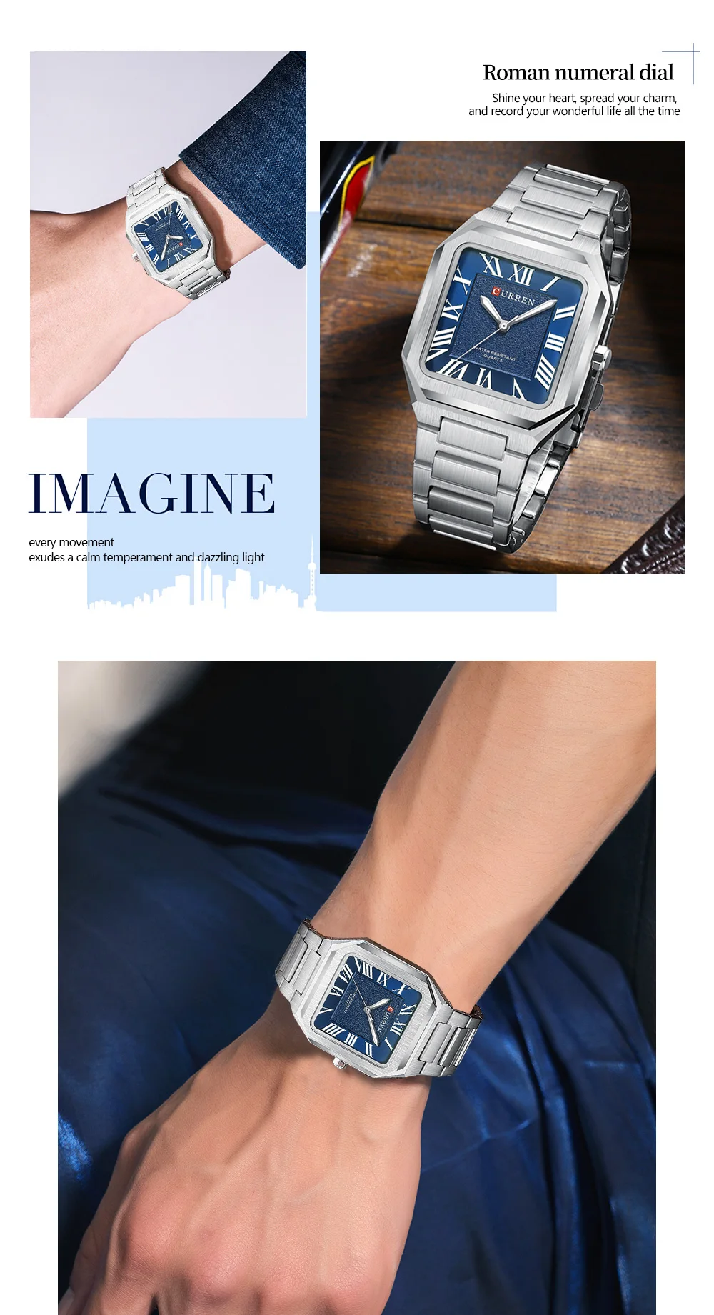 CURREN Minimalistische Eleganz Herren-Quarzuhr Quadratisches Zifferblatt mit Leuchtzeigern Edelstahlarmband Moderne Klassische Armbanduhr – Detail 3