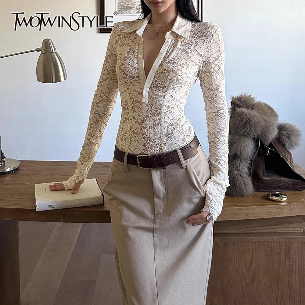 

TWOTWINSTYLE Apricot Spliced Lace Streetwear Shirt Female Lapel Long Sleeve Slimming Sexy Luxury Women's Shirts Autumn Fashion