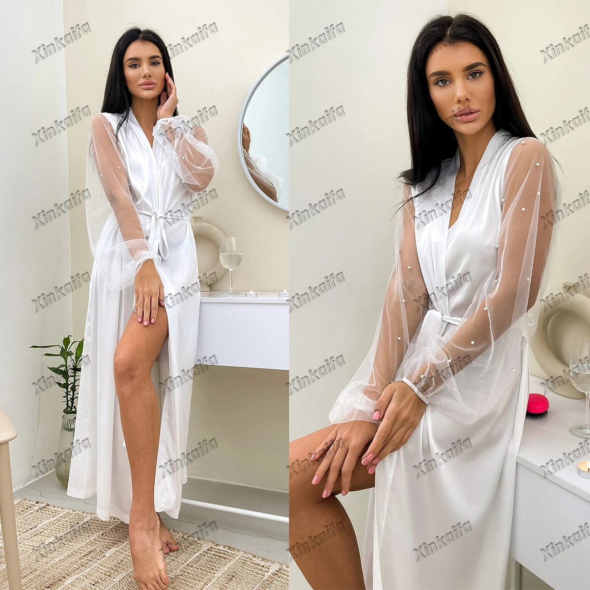 Classic Night-Robe Elegant Skin Friendly Women Pajamas Long Tulle Pearls Sleeve Belt Housecoat Nightwear Size Customized