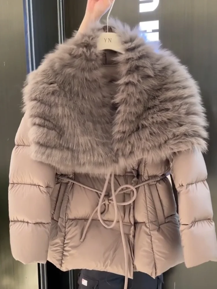 Inverno thiened algodão jaet feminino faion dstring cintura fino ajuste quente ort casaco grande gola de pele commute sle