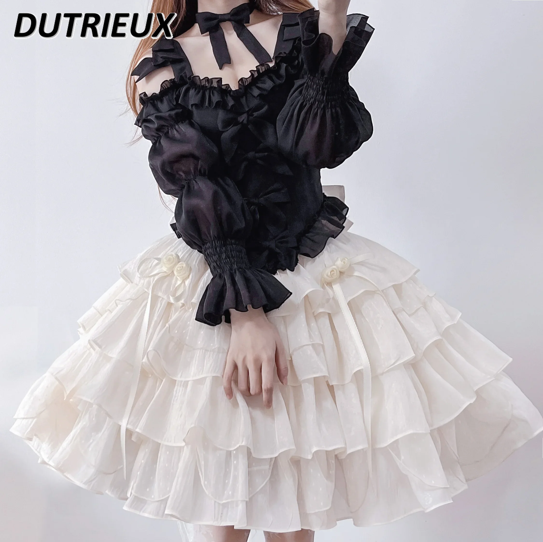 

Japanese Lolita Sweet Girly Elegant Princess Black Long Sleeve Top + A- Line Skirt Kawaii Two Piece Sets Womens Outifits