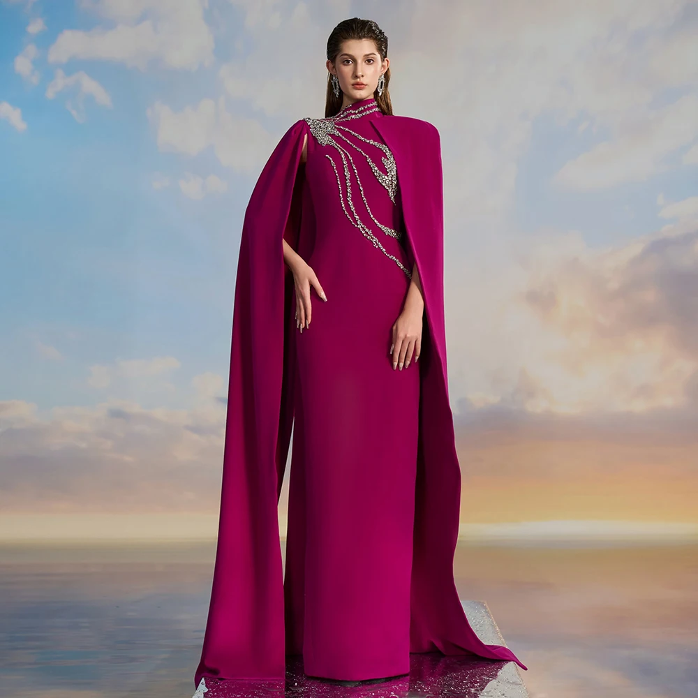 Dancing Prom Dress Customized High Neck Cape Luxury Beadings Stones Straight Floor Length Arabic Evening Dresses for Woman