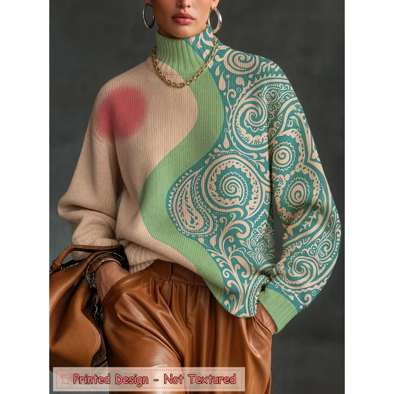 Women's Aqua Paisley Colorblock Turtleneck Sweater Long Sleeve Knit Pullover Loose Soft Warm Autumn Winter Casual Jumper Top
