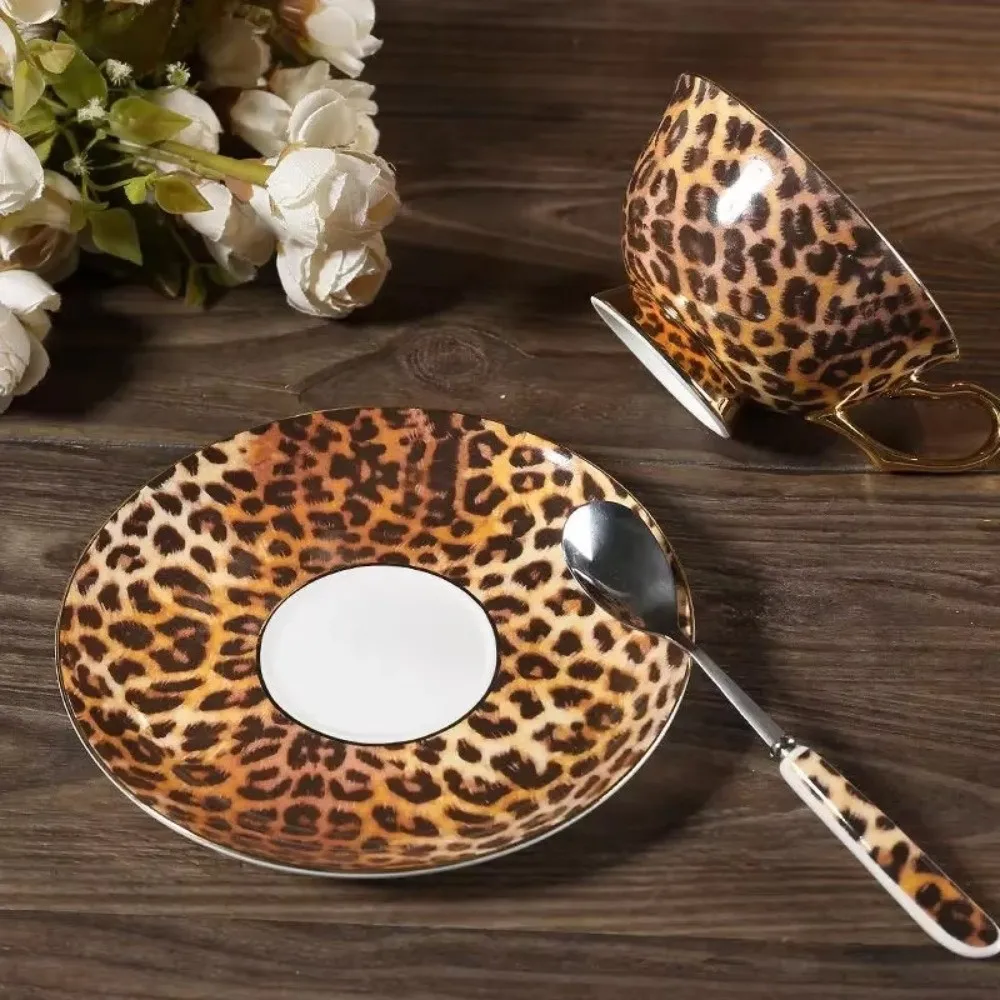 Retro Ceramic Coffee Cup Set Leopard Print with Spoon Plate Teacup With Saucer European Style Bone China Milk Mug Home Use