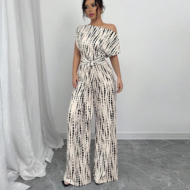

Cross-Border Striped One-Piece Suit oulder Oblique Belted Wide Leg High Waist Nylon Spring 2025 Women's Faion