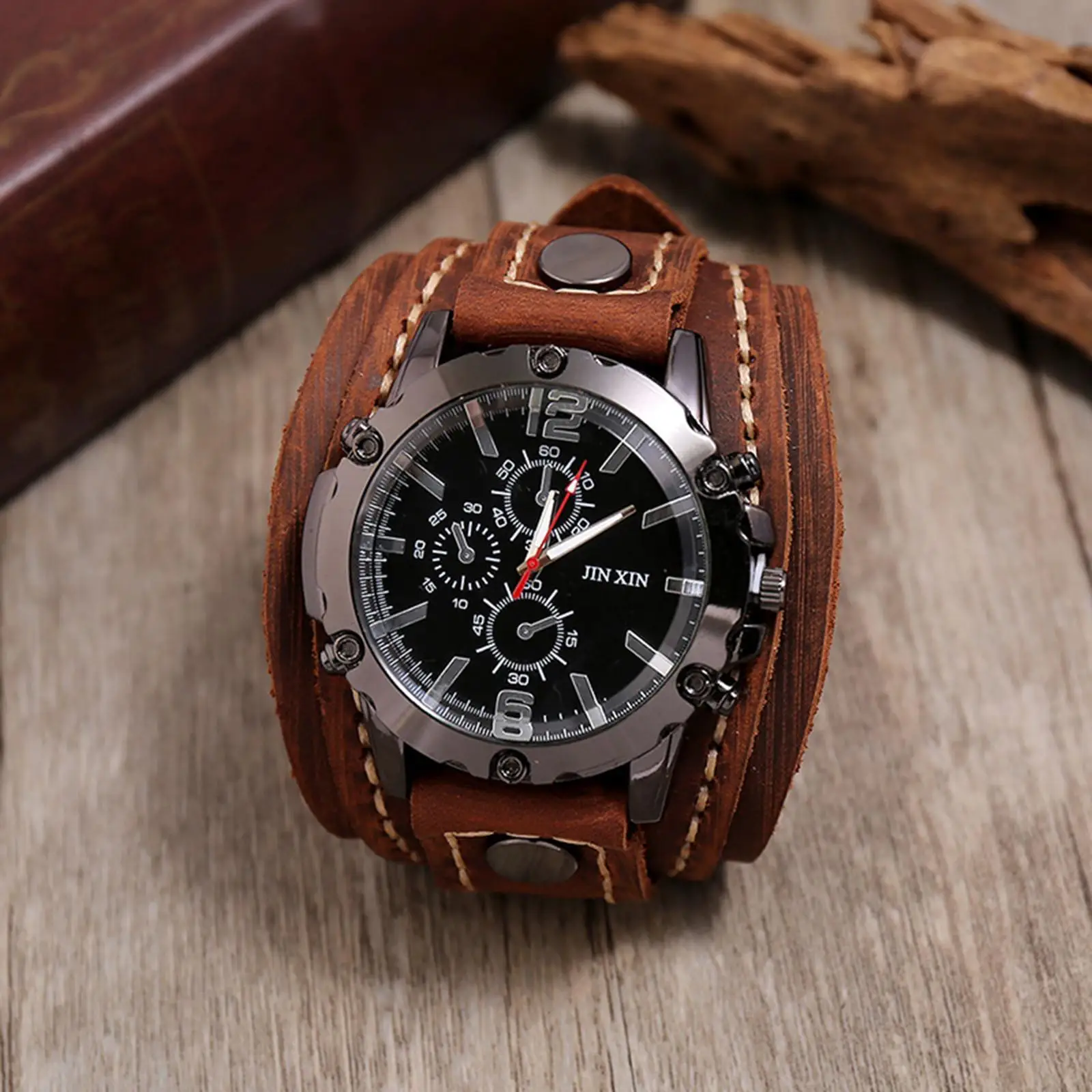 2024 New Mens Quartz Watches Luxury Wristwatch Cowhide Watchband Punk Style Watch for Men Wide Pu Leather Bracelets